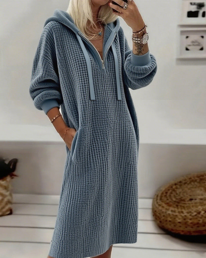 Casual Hooded Honeycomb Knit Fleece Dress